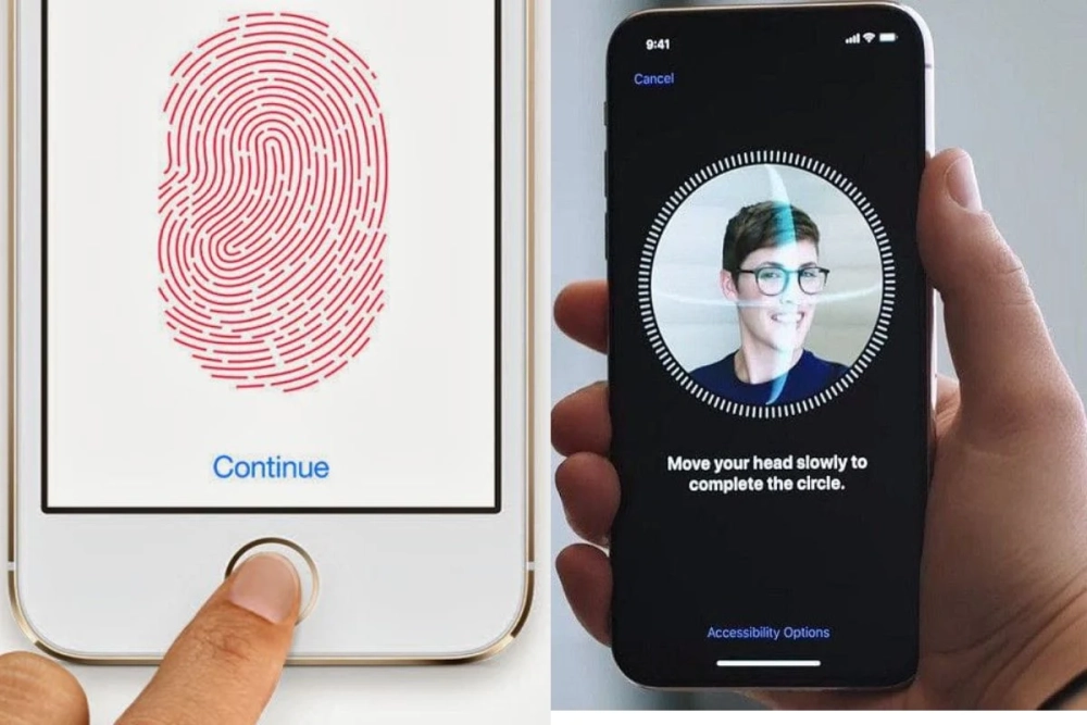 Người trẻ cầm hai chiếc smartphone, một với vân tay và một với Face ID.